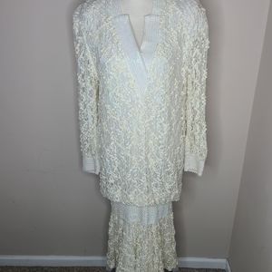 Vintage Damianou 80s Cream‎ Lace Ribbon & Sequined Flapper Blouson Dress M